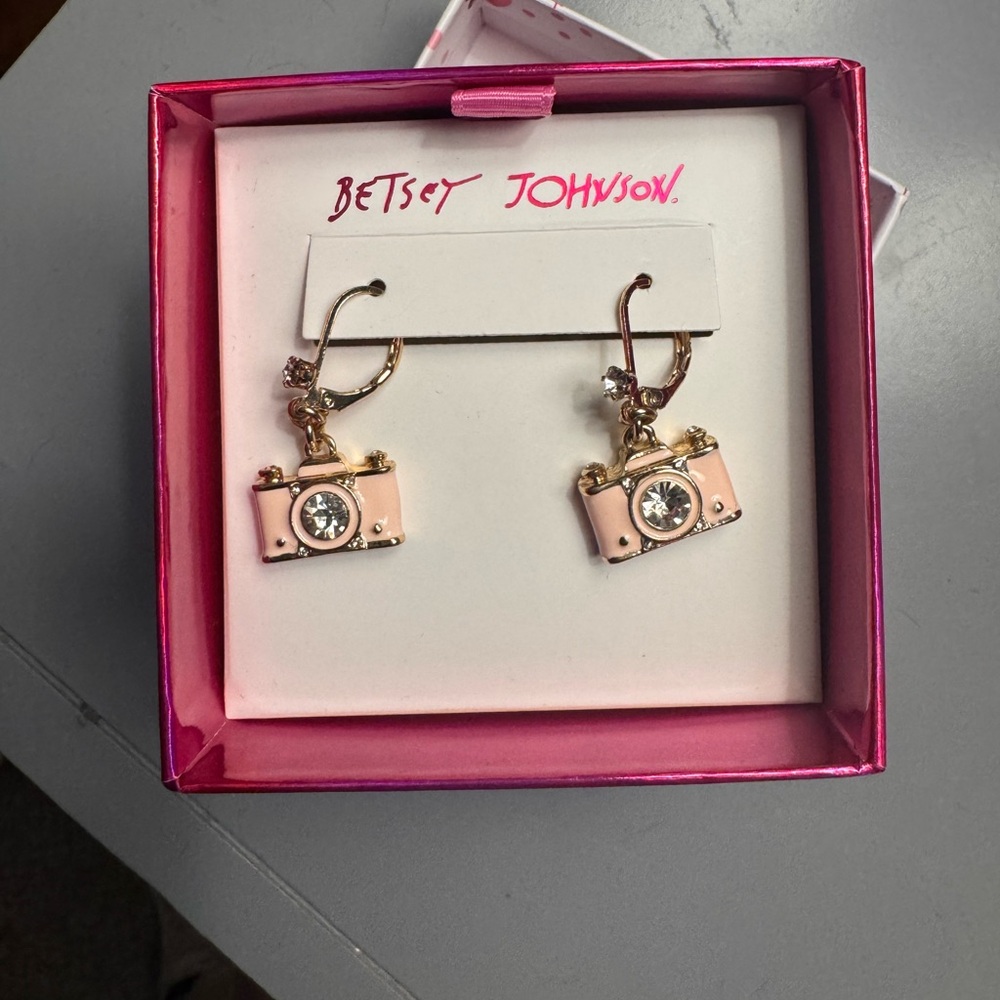 Betsey Johnson Pink and Gold Camera Earrings